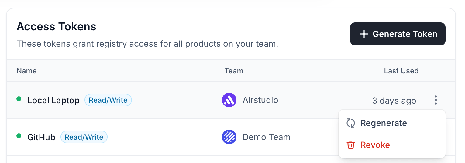Access Tokens page with token entry and Regenerate or Revoke menu options