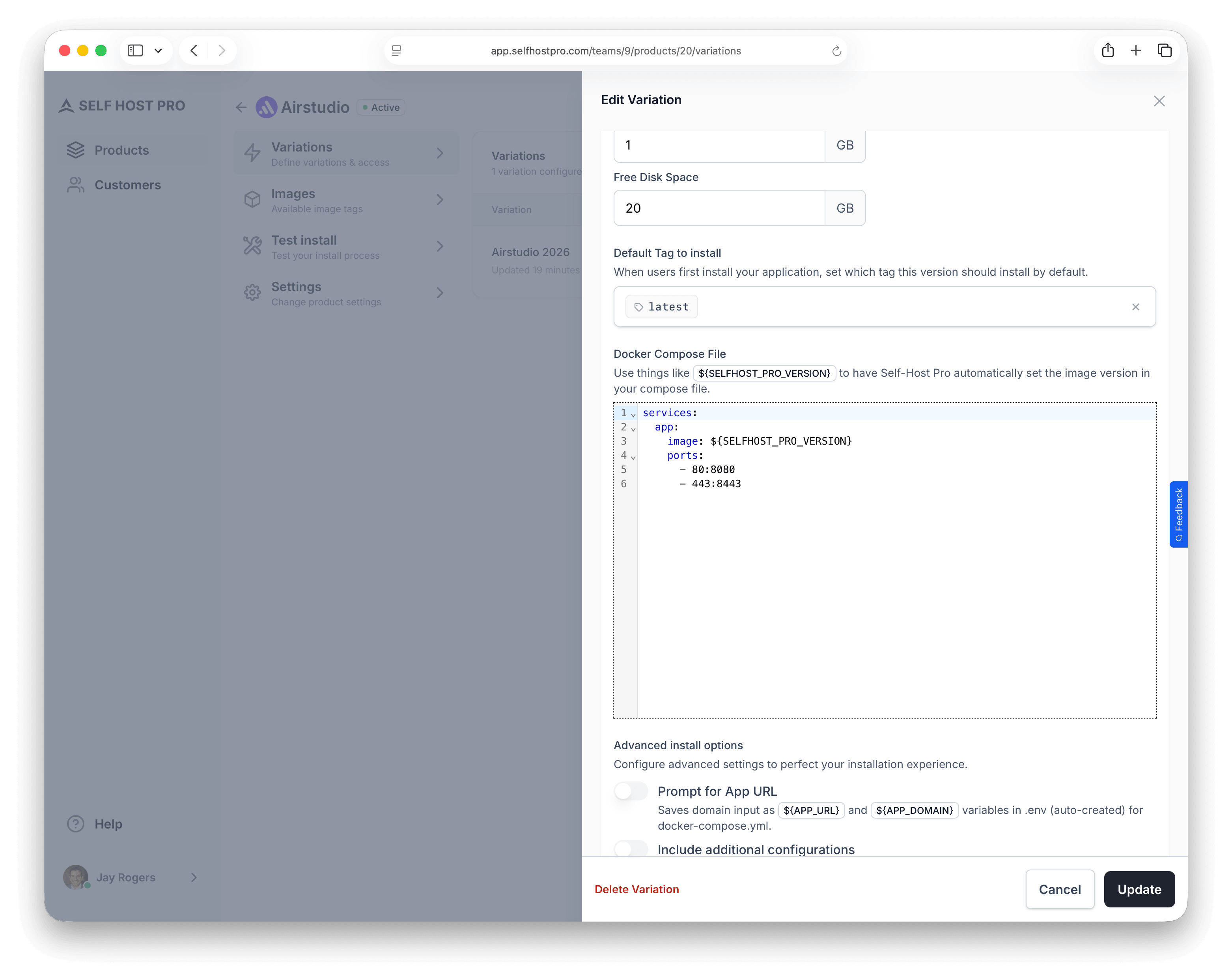 Docker Compose code editor in the variation form with SELFHOST_PRO_VERSION placeholder